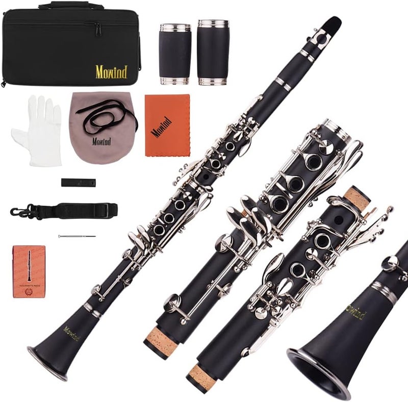 Mowind Bb Flat Clarinet - 17 Key Beginner Student Woodwind Instrument with 2 Barrels and Carry Case, Includes Cleaning Kit - Image 1